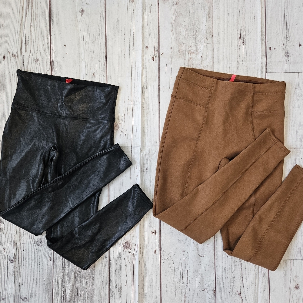 SPANX Black Faux Leather & Brown Suede Leggings